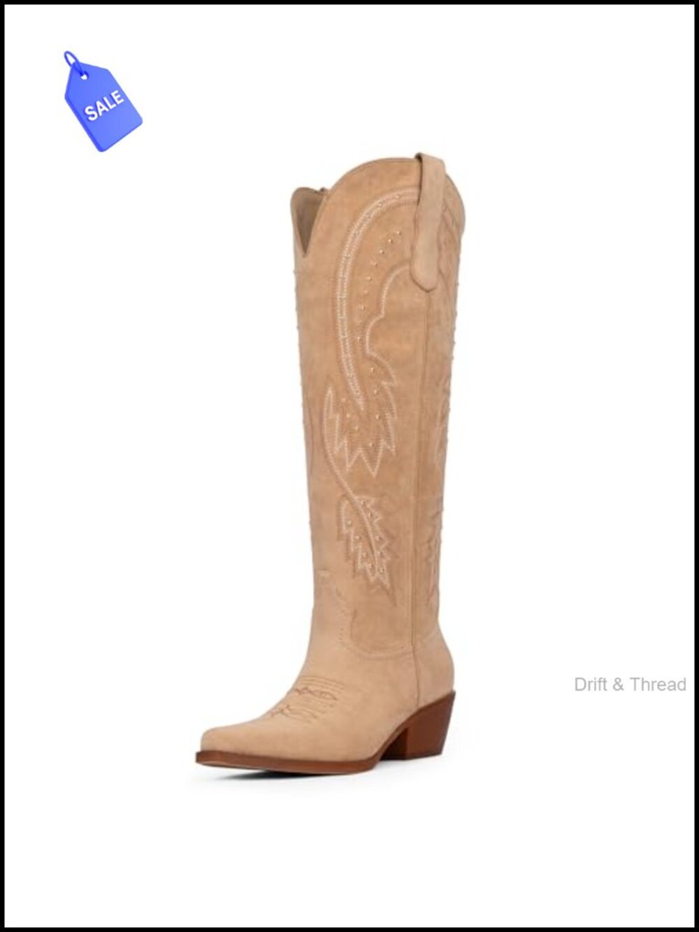 Knee High Cowboy Boots Womens Faux Suede Pointed Toe Slip On Chunky Heel Western